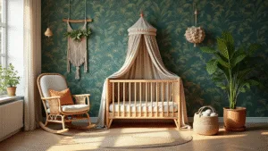 Een serene babykamer van 4x4 meter met natuurlijk ochtendlicht dat door grote ramen stroomt, een muur met botanisch junglebehang in rijke smaragdgroene en saliegroene tonen, een houten wieg met zandkleurig linnen canopy, een vintage rotan schommelstoel met terracotta kussen, een macramé wandkleed met verse eucalyptus, een ronde jute vloerkleed, een handgemaakt mobiel met houten elementen, een rotanmand met zachte gebreide dekens, en een grote monstera deliciosa in een terracotta pot, met een warme gouden gloed en een ondiepe scherptediepte.