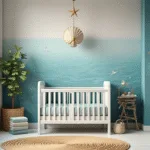 Fotorealistische afbeelding van een serene, kust thema babykamer met natuurlijke elementen, lichtinval van hoge ramen, een witte houten wieg met zeeblauwe beddengoed, en een mobiel van schelpen en sterren. Wanden in zachte oceaanverloop van diepzeeblauw naar wit. Natuurlijke texturen zoals een juten vloerkleed, rieten schommelstoel met zeegroene kussens en drijfhoutplanken. Vintage maritieme prints in messing lijsten, geweven opbergmanden en delicate koraaldecoraties. Gemaakt tijdens het gouden uur met warme lichtreflecties op koperen hardware en subtiele glitterdetails in de onderwatermuurschildering. Beeld vanuit een iets verhoogd perspectief met zachte focusranden en hyperrealistische details.