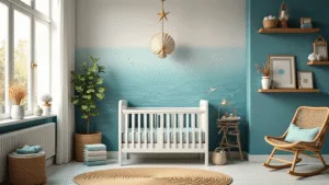 Fotorealistische afbeelding van een serene, kust thema babykamer met natuurlijke elementen, lichtinval van hoge ramen, een witte houten wieg met zeeblauwe beddengoed, en een mobiel van schelpen en sterren. Wanden in zachte oceaanverloop van diepzeeblauw naar wit. Natuurlijke texturen zoals een juten vloerkleed, rieten schommelstoel met zeegroene kussens en drijfhoutplanken. Vintage maritieme prints in messing lijsten, geweven opbergmanden en delicate koraaldecoraties. Gemaakt tijdens het gouden uur met warme lichtreflecties op koperen hardware en subtiele glitterdetails in de onderwatermuurschildering. Beeld vanuit een iets verhoogd perspectief met zachte focusranden en hyperrealistische details.
