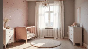Cinematische opname van een luxe babykamer met vintage rozenmuren, een blush roze velours wieg en een grijs accentmuur, verlicht door natuurlijk licht tijdens het gouden uur.