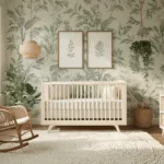 Professionele interieurfoto van een serene babykamer voor een jongen, met vintage junglebehang in verzacht sagegroene en beige tinten, genomen in het gouden uurtje met zacht licht. Hoogtepunten zijn een witte houten wieg, een handgeweven rieten schommelstoel, en textuurelementen zoals een crèmekleurig vloerkleed en macramé wandhangers, allemaal in een stijlvolle ruimte met natuurlijke materialen en een aardse kleurenpalet.
