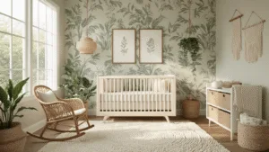 Professionele interieurfoto van een serene babykamer voor een jongen, met vintage junglebehang in verzacht sagegroene en beige tinten, genomen in het gouden uurtje met zacht licht. Hoogtepunten zijn een witte houten wieg, een handgeweven rieten schommelstoel, en textuurelementen zoals een crèmekleurig vloerkleed en macramé wandhangers, allemaal in een stijlvolle ruimte met natuurlijke materialen en een aardse kleurenpalet.