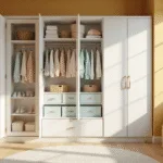 Een fotorealistisch beeld van een moderne, zonnige kinderkamer met een witte drie-deurenkast tegen zachte gele muren. De kast heeft glazen deuren die perfect georganiseerde pastel babykleding en opbergdozen tonen. Het interieur bevat natuurlijke texturen en sfeervolle ochtendbelichting, waarbij de focus ligt op de kastdetails.