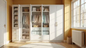 Een fotorealistisch beeld van een moderne, zonnige kinderkamer met een witte drie-deurenkast tegen zachte gele muren. De kast heeft glazen deuren die perfect georganiseerde pastel babykleding en opbergdozen tonen. Het interieur bevat natuurlijke texturen en sfeervolle ochtendbelichting, waarbij de focus ligt op de kastdetails.