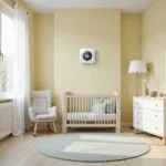 Minimalistische babykamer met zachte gele muren, een wit houten wieg en digitale thermometer op de muur die 18°C aangeeft, verlicht door ochtendlicht.