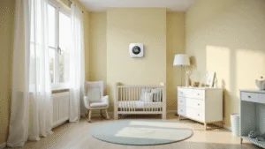 Minimalistische babykamer met zachte gele muren, een wit houten wieg en digitale thermometer op de muur die 18°C aangeeft, verlicht door ochtendlicht.