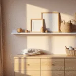 Photorealistisch interieur van een serene Scandinavische kinderkamer met een witte zwevende plank boven een licht houten commode, verlicht door warm zonlicht dat door sheer linnen gordijnen schijnt, met baby essentials zoals opbergmanden, houten speelgoed, monochrome prints en gedroogde pampasgras.