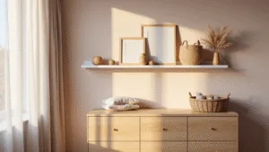 Photorealistisch interieur van een serene Scandinavische kinderkamer met een witte zwevende plank boven een licht houten commode, verlicht door warm zonlicht dat door sheer linnen gordijnen schijnt, met baby essentials zoals opbergmanden, houten speelgoed, monochrome prints en gedroogde pampasgras.