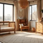 Cinematische interieurfoto van een serene babykamer met zacht ochtendlicht, een walnoot houten wieg tegen zandkleurige muren, champagne linnen gordijnen die zachtjes flonkerden, een rieten hanglamp, een verweerde eiken commode, een crème wollen tapijt met geometrische patronen, natuur linnen beddengoed met aarde-toned knuffeldieren, een macramé wanddecoratie, een vintage leren verpleegstoel in cognackleur, een matte zwarte metalen plank met houten elementen, potplanten in gevlochten manden, en een warme gouden uurlichting.