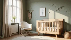 Een serene kinderopvang met saliegroene muren, een moderne houten wieg en een vintage schommelstoel in crème bouclé, verlicht door het zachte gouden uur zonlicht dat door sheer linnen gordijnen stroomt, met een minimalistische Scandinavische uitstraling.