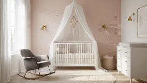 Een luxe Scandinavische kinderkamer met een witte designerocrib en een zachtroze accentmuur, gefotografeerd tijdens het gouden uur. Natuurlijk licht stroomt door de grote witte linnen gordijnen, terwijl er delicate schaduwen ontstaan. Een grijze fluwelen schommelstoel en een geometrische gouden mobilé boven het bed completeren de minimalistische inrichting.
