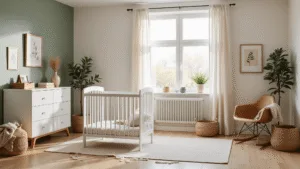 Moderne en serene unisex nursery met een wit houten bedje, sage groene accenten en natuurlijke texturen, gefotografeerd in zacht ochtendlicht met een focus op een gezellige leeshoek.