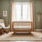 Cinematische foto van een serene genderneutrale kinderkamer met een moderne eiken wieg en natuurlijk licht, omringd door macramé wandhangers, botanische prints en een rotan schommelstoel, met een warm neutraal kleurenpalet en zachte texturen.