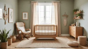 Cinematische foto van een serene genderneutrale kinderkamer met een moderne eiken wieg en natuurlijk licht, omringd door macramé wandhangers, botanische prints en een rotan schommelstoel, met een warm neutraal kleurenpalet en zachte texturen.
