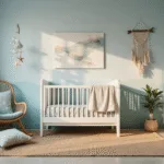 Moderne onderwater-nursery met zachte oceaanelementen, inclusief een witte houten wieg, koraalbedekking, en drijvende bubbelverlichting.