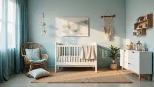 Moderne onderwater-nursery met zachte oceaanelementen, inclusief een witte houten wieg, koraalbedekking, en drijvende bubbelverlichting.