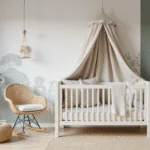 Serene Scandinavian nursery interior with safari animal decals, white crib, rattan rocking chair, and soft textures, bathed in natural morning light.