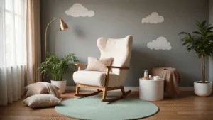 Een serene Scandinavische kinderkamer met een ruime, romeinse schommelstoel in crème, omringd door een muntgroen tapijt en matte grijze muren met handgeschilderde wolkenmotieven. De scène is verlicht door zacht gouden uurlicht dat door sheer linnen gordijnen valt, met een elegante messing vloerlamp die erboven hangt. Een minimalistische witte bijzettafel en een draperende chunky knit throw in havermoutkleur completeren de setting.