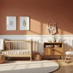 Een serene kinderkamer van 4x4m met een terracotta accentmuur en witte lambrisering, vintage houten wieg met linnen canopy, rotan schommelstoel bij het raam, zacht beige wollen tapijt, en natuurlijk licht dat door sheer gordijnen stroomt, met macramé wandhangers, gevlochten opbergmanden, en botanische prints in dunne gouden lijsten.