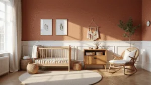 Een serene kinderkamer van 4x4m met een terracotta accentmuur en witte lambrisering, vintage houten wieg met linnen canopy, rotan schommelstoel bij het raam, zacht beige wollen tapijt, en natuurlijk licht dat door sheer gordijnen stroomt, met macramé wandhangers, gevlochten opbergmanden, en botanische prints in dunne gouden lijsten.