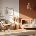Rust-bruin kinderkamer met natuurlijke verlichting, houten wieg met geweven canopy, rieten schommelstoel, seagrass vloerkleed, macramé wanddecoratie, gedroogde pampasgras in terracotta vazen, vintage botanische prints, en een matte koperen hanglamp, vastgelegd in een cinematografische stijl met een warme gloed en zachte focus.