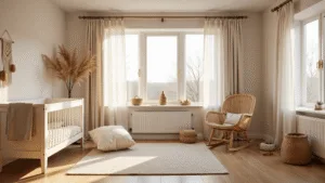 Rustieke en serene babykamer in beige tinten, verlicht door ochtendlicht, met een houten wieg, rieten schommelstoel en handgeweven vloerkleed.