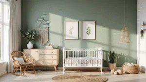 Moderne kinderkamer met een salie groene accentmuur, een witte houten wieg met biologisch katoen beddengoed, vintage rotan schommelstoel en een lichte houten commode, verlicht door natuurlijk licht dat door hoge ramen stroomt. Botanische prints in gouden lijsten, een macramé wanddecoratie, jute tapijt en eucalyptus takken in een keramieken vaas creëren een serene sfeer. Minimalistische mobiele en handgemaakte houten speelgoed accentueren de neutrale kleurenpalet.