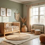 Moderne, luchtige kinderkamer in zachte ochtendlicht met saliegroene muren, een eiken wieg en vintage houten commode onder een galerie van dierenillustraties. Macramé wandhangers en jute tapijten, natuurlijke materialen zoals geweven manden en houten speelgoed. Gezellige leeshoek met grote linnen vloerkussens in aardetinten. Gedroogde pampasgras- en eucalyptusarrangementen in keramische vazen, met een mobiel van bosdieren boven de wieg.