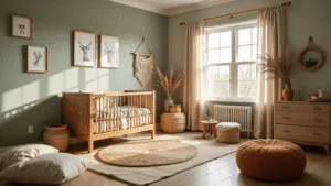 Moderne, luchtige kinderkamer in zachte ochtendlicht met saliegroene muren, een eiken wieg en vintage houten commode onder een galerie van dierenillustraties. Macramé wandhangers en jute tapijten, natuurlijke materialen zoals geweven manden en houten speelgoed. Gezellige leeshoek met grote linnen vloerkussens in aardetinten. Gedroogde pampasgras- en eucalyptusarrangementen in keramische vazen, met een mobiel van bosdieren boven de wieg.