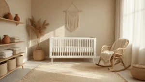 Rustieke kinderopvang in zacht ochtendlicht met een moderne witte houten wieg, vintage rieten schommelstoel, en handgeweven jute vloerkleed. Minimalistische decoraties en natuurlijke texturen in aardetinten.