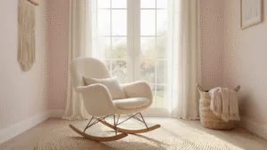 Cinematische brede opname van een serene nursery met een premium crème bouclé schommelstoel, omgeven door zacht ochtendlicht, hoge plafonds, macramé wandhangend boven, en een natuurstenen vloer.