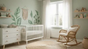 Lichte Scandinavische kinderkamer met witte wieg tegen een zacht saliegroene muur, natuurlijke rieten schommelstoel en minimalistieke witte commode, verlicht door ochtendlicht dat door sheer linnen gordijnen valt.