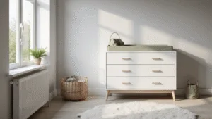 Moderne Scandinavische babykamer met witte Hemnes commode, lichtegrijze muren en zachte natuurlijke verlichting door een gebogen raam, met een georganiseerde indeling en stijlvolle accessoires in een minimalistische setting.