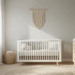 Fotorealistische afbeelding van een moderne Scandinavische kinderkamer, met een witte wieg tegen een lichtgrijze muur, een natuurlijk berkenhouten verschonertafel, en een geometrisch behangaccent. Zachte ochtendzonlicht valt door luchtige linnen gordijnen, met gevlochten opbergmanden op lichthouten vloeren. Een minimalistische mobiel hangt boven de wieg, met een gedempt pastel kleurenpalet en frisse witte beddengoed, en een macramé wanddecoratie aan de muur.