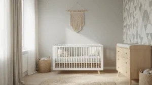 Fotorealistische afbeelding van een moderne Scandinavische kinderkamer, met een witte wieg tegen een lichtgrijze muur, een natuurlijk berkenhouten verschonertafel, en een geometrisch behangaccent. Zachte ochtendzonlicht valt door luchtige linnen gordijnen, met gevlochten opbergmanden op lichthouten vloeren. Een minimalistische mobiel hangt boven de wieg, met een gedempt pastel kleurenpalet en frisse witte beddengoed, en een macramé wanddecoratie aan de muur.