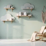 Fotorealistische opname van een serene Scandinavische babykamer met cloudvormige planken in lichtgrijs tegen mintgroene muren, zachte houten vloer, vintage messing details, neutrale babyaccessoires en matte witte decoratieve stukken, met een rieten schommelstoel en een blush roze deken.