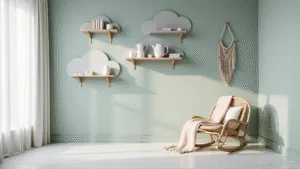 Fotorealistische opname van een serene Scandinavische babykamer met cloudvormige planken in lichtgrijs tegen mintgroene muren, zachte houten vloer, vintage messing details, neutrale babyaccessoires en matte witte decoratieve stukken, met een rieten schommelstoel en een blush roze deken.
