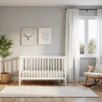 Photorealistisch interieur van een Scandinavische kinderkamer met een witte IKEA SUNDVIK wieg, lichtgrijze muren met pastelkleurige wolkstickers, een warm eiken laminaatvloer, een zachte crèmekleurige vloerkleed, een SMÅSTAD verschoontafel bij een groot raam met zachte ochtendzon door sheer witte gordijnen, geometrische wandprints in gedempte pastelkleuren, een ergonomische schommelstoel in natuurlijk linnen, drijvende planken met gevlochten opbergmanden, gedimde LED-spots, hypergedetailleerde texturen, opgenomen met een middenformaatcamera.