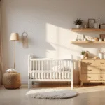 Serene Scandinavische kinderkamer tijdens het gouden uur, met een witte wieg, licht eiken dressoir, rieten schommelstoel en pastelaccenten, sfeervolle verlichting en natuurlijke materialen.