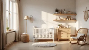 Serene Scandinavische kinderkamer tijdens het gouden uur, met een witte wieg, licht eiken dressoir, rieten schommelstoel en pastelaccenten, sfeervolle verlichting en natuurlijke materialen.