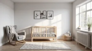 Een serene Scandinavische kinderkamer, verlicht door zacht ochtendlicht, met een lichte birken wieg, geometrisch beddengoed in gedempte grijzen en wit, grote ramen met witte shutters, minimalistische kunstafdrukken, warme houten vloeren, een designer grijze voedingsstoel, pastelopbergdozen, en een natuurlijk vezelkleed met geometrisch patroon.