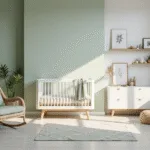 Serene kinderkamer met een mintgroene accentmuur, een witte houten ledikant met natuurlijk linnen beddengoed, een rieten schommelstoel met een saliegroene kussen, en botanische prints op zwevende planken, verlicht door zacht ochtendlicht dat door hoge ramen stroomt.