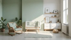 Serene kinderkamer met een mintgroene accentmuur, een witte houten ledikant met natuurlijk linnen beddengoed, een rieten schommelstoel met een saliegroene kussen, en botanische prints op zwevende planken, verlicht door zacht ochtendlicht dat door hoge ramen stroomt.
