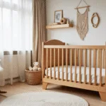 Serene Dutch nursery with oak crib, white rocking chair, and natural toys, illuminated by morning light through sheer curtains, showcasing a minimalist Scandinavian design.