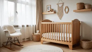 Serene Dutch nursery with oak crib, white rocking chair, and natural toys, illuminated by morning light through sheer curtains, showcasing a minimalist Scandinavian design.