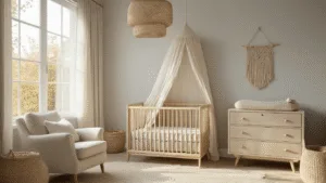 Serene inrichting van een kinderkamer met een natuurlijk lichtinval, lichte muren, een houten wieg met een geweven katoenen canopy, een vintage beige ladekast, en een crème linnen stoel, voorzien van een rotan lampenkap en een wollen berber tapijt.