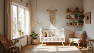 Fotorealistische interieurfoto van een serene kinderkamer met warme taupe muren en natuurlijk ochtendlicht dat door sheer linnen gordijnen stroomt, een witte houten wieg met natuurlijk linnen beddengoed, een vintage rieten schommelstoel, handgeweven wollen tapijt in crèmetinten, een messing mobiel met geometrische vormen, een macramé wandhangertje, kamerplanten in terracotta potten, houten zwevende planken met kinderboeken en geweven opbergbaskets, allemaal in een hygge sfeer met een palet van gedempte aardetinten.
