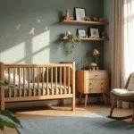 Photorealistic woodland-themed nursery with a solid oak crib, organic bedding, and vintage rattan rocking chair, showcasing soft natural light and delicate animal silhouettes on an accent wall.