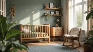 Photorealistic woodland-themed nursery with a solid oak crib, organic bedding, and vintage rattan rocking chair, showcasing soft natural light and delicate animal silhouettes on an accent wall.