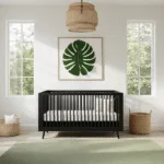 Moderne zwarte kinderkamer met jungle-thema, matte zwarte meubels, natuurlijk ochtendlicht, witte muren, zwarte wieg en ladekast met gouden accenten, beige-groene vloerbedekking, monstera blad kunst, rotan hanglamp, zwevende houten planken met witte accessoires, minimalistisch Scandinavisch ontwerp.